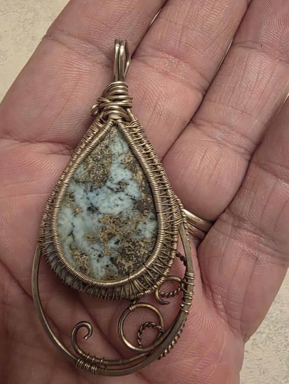 Wire-Wrapped Larimar Teardrop Pendant. - Picture 2 of 2